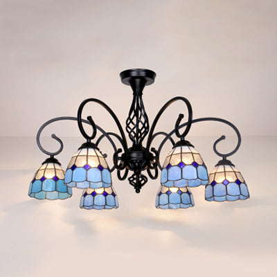 Semi Flush Tiffany Lighting with Curved Arm - Choose from 3, 5, or 6 Lights, Stained Glass in White, Yellow, Blue, or Green for Living Room