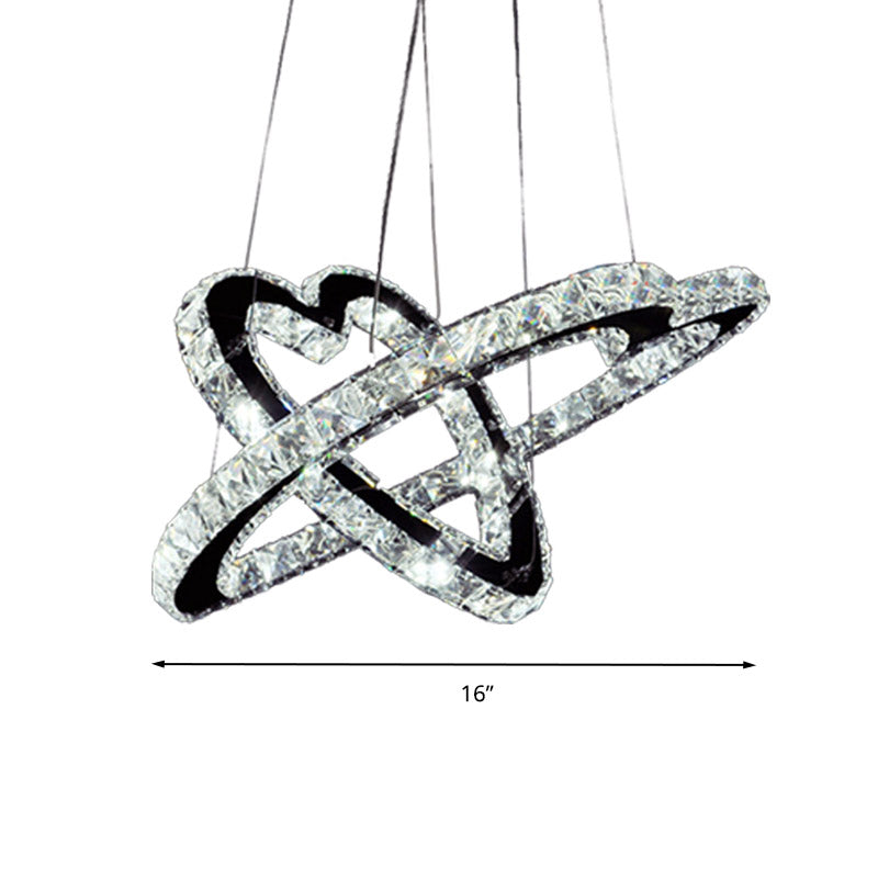 Lustre LED moderne en cristal K9 - Luminaire suspendu en forme de cœur, 14"/16" de large, acier inoxydable, lumière chaude/blanche