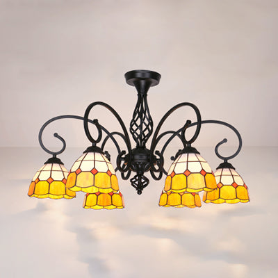 Semi Flush Tiffany Lighting with Curved Arm - Choose from 3, 5, or 6 Lights, Stained Glass in White, Yellow, Blue, or Green for Living Room