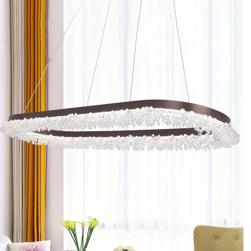 Lustre LED ovale en cristal marron avec suspension pour un éclairage contemporain en lumière chaude/blanche/naturelle