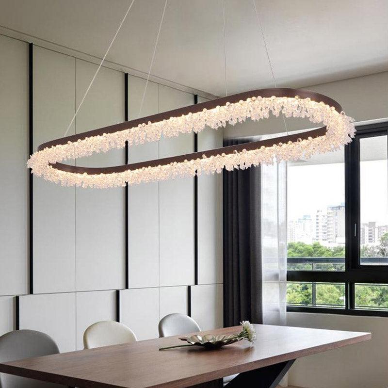 Lustre LED ovale en cristal marron avec suspension pour un éclairage contemporain en lumière chaude/blanche/naturelle