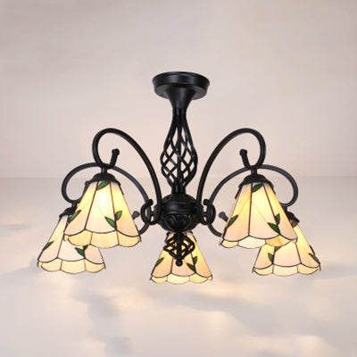 Semi Flush Tiffany Lighting with Curved Arm - Choose from 3, 5, or 6 Lights, Stained Glass in White, Yellow, Blue, or Green for Living Room