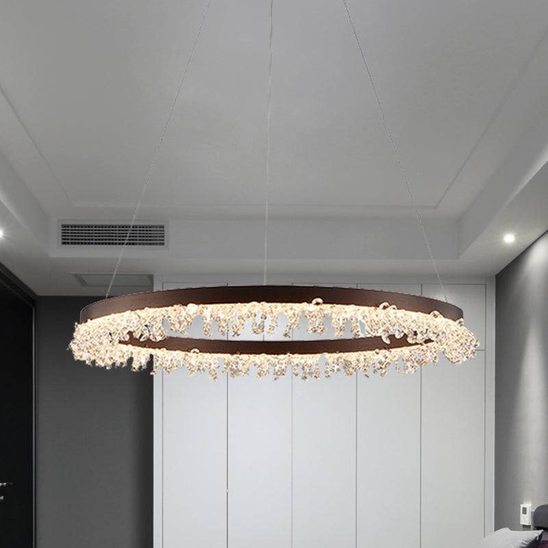 Crystal Beaded Ring Pendant Light Kit With Brown Led Chandelier - Simple Style Available In 16/23.5