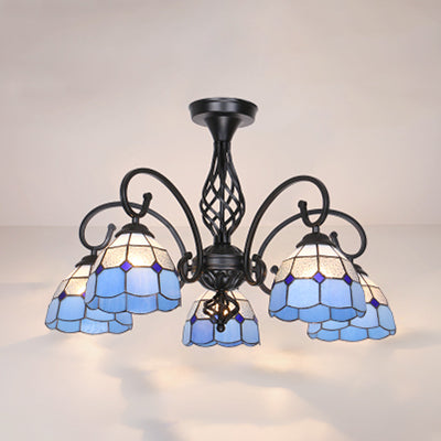 Semi Flush Tiffany Lighting with Curved Arm - Choose from 3, 5, or 6 Lights, Stained Glass in White, Yellow, Blue, or Green for Living Room