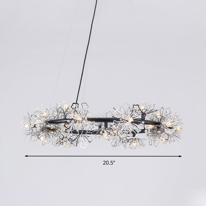 Lustre LED noir minimaliste - Lampe suspendue circulaire en perles de cristal, 20,5"/26"/34" de large