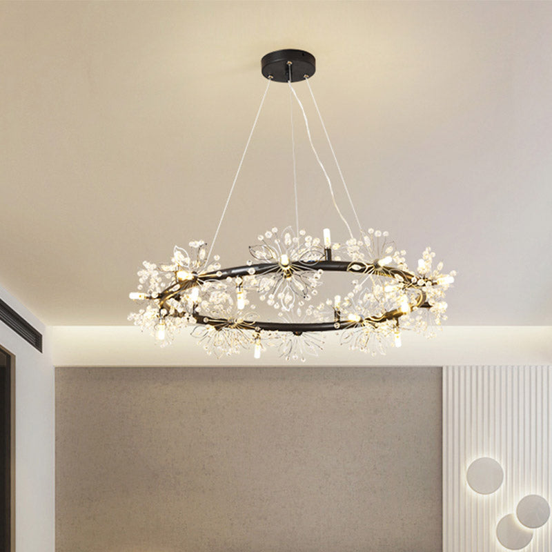 Minimalist Black Circle Crystal Beaded Chandelier: 20.5/26/34 Wide Led Ceiling Lamp