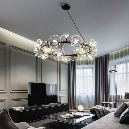 Minimalist Black Circle Crystal Beaded Chandelier: 20.5/26/34 Wide Led Ceiling Lamp