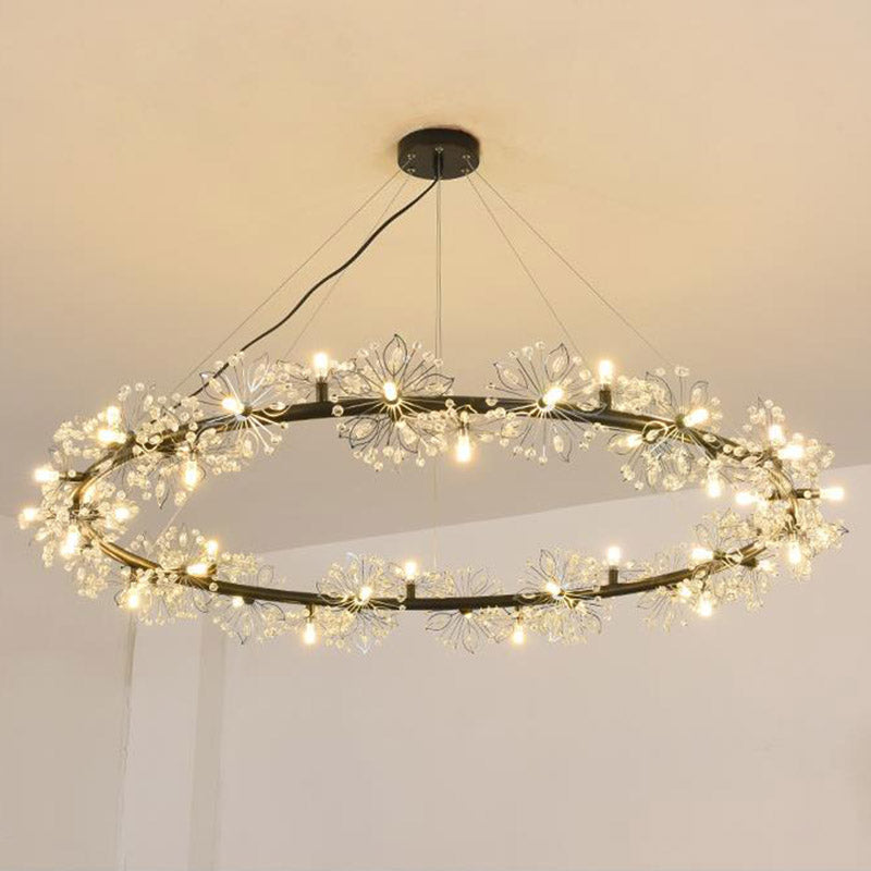 Minimalist Black Circle Crystal Beaded Chandelier: 20.5/26/34 Wide Led Ceiling Lamp