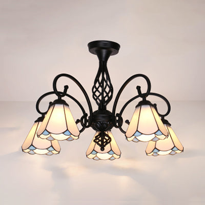 Semi Flush Tiffany Lighting with Curved Arm - Choose from 3, 5, or 6 Lights, Stained Glass in White, Yellow, Blue, or Green for Living Room