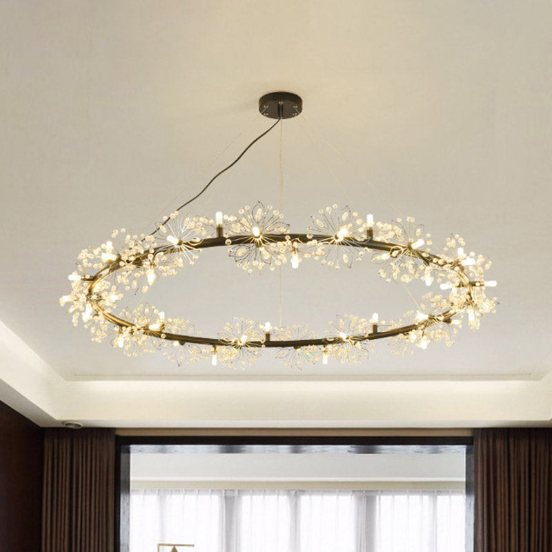 Minimalist Black Circle Crystal Beaded Chandelier: 20.5/26/34 Wide Led Ceiling Lamp