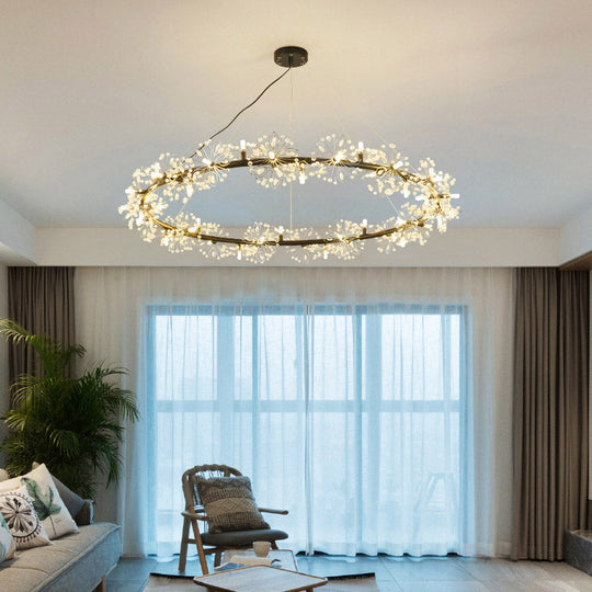 Minimalist Black Circle Crystal Beaded Chandelier: 20.5/26/34 Wide Led Ceiling Lamp