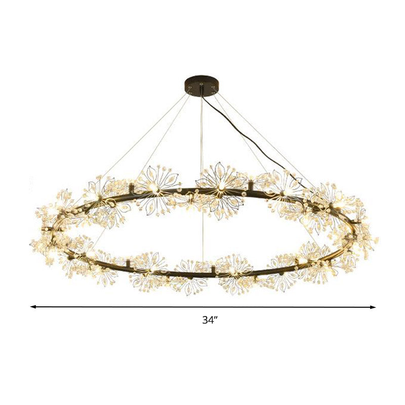 Lustre LED noir minimaliste - Lampe suspendue circulaire en perles de cristal, 20,5"/26"/34" de large