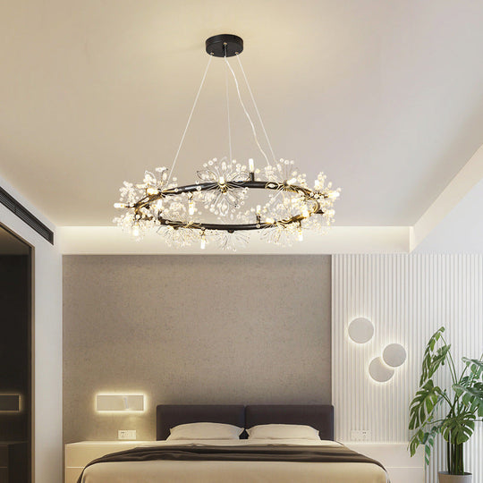 Minimalist Black Circle Crystal Beaded Chandelier: 20.5/26/34 Wide Led Ceiling Lamp / 26