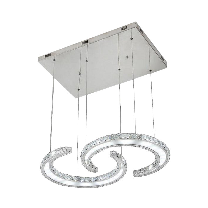 Lustre suspendu à LED en forme de C double avec cristal K9 et finition chromée en chaud/blanc/3 couleurs