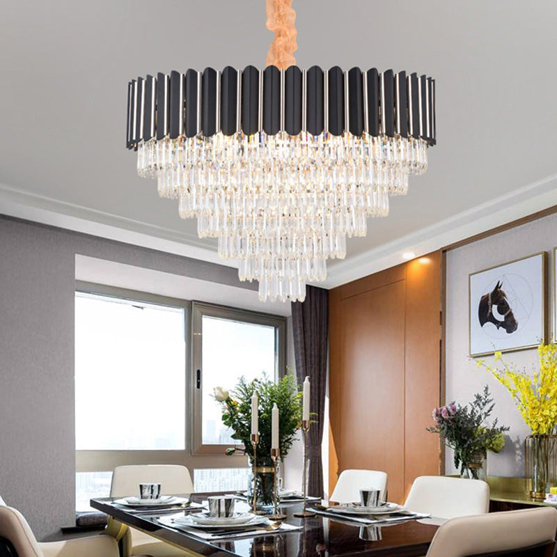 Minimalist Crystal Chandelier: Layered Hanging Pendant Light In Black - 16/22 Lights