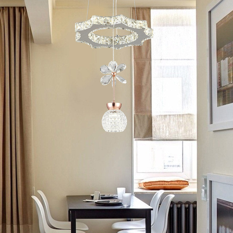 Contemporary Chandelier Pendant Light With Chrome Circle/Gear Design Crystal Dimpled Shade - 1/3/5