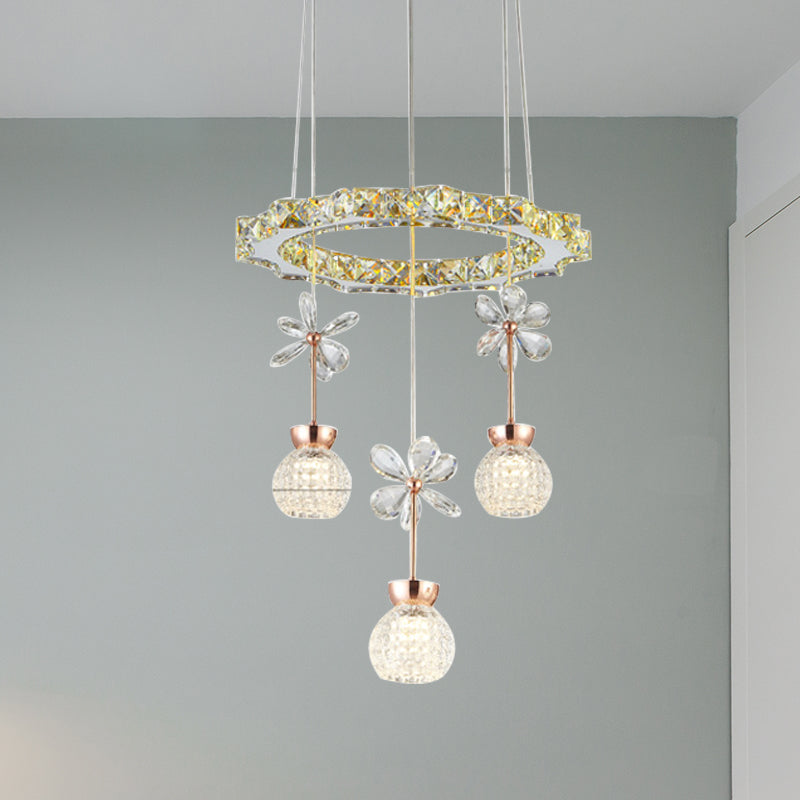 Contemporary Chandelier Pendant Light With Chrome Circle/Gear Design Crystal Dimpled Shade - 1/3/5