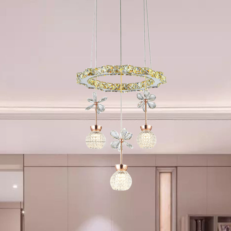 Lustre contemporain avec abat-jour en cristal - Design moderne en forme de cercle/engrenage chromé (1/3/5 têtes)