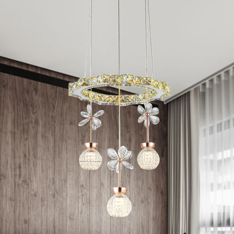 Lustre contemporain avec abat-jour en cristal - Design moderne en forme de cercle/engrenage chromé (1/3/5 têtes)