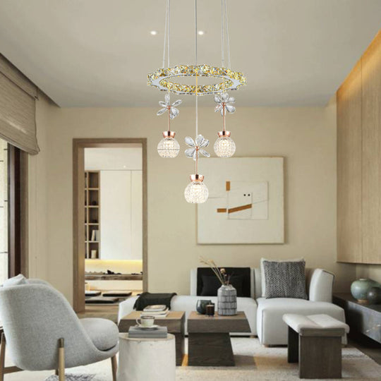 Contemporary Chandelier Pendant Light With Chrome Circle/Gear Design Crystal Dimpled Shade - 1/3/5