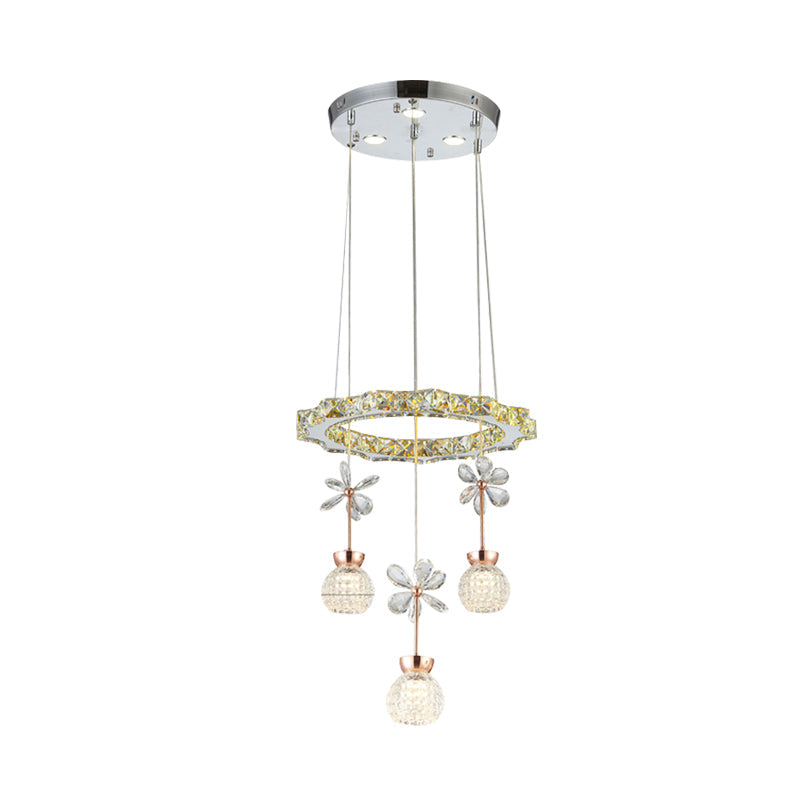 Contemporary Chandelier Pendant Light With Chrome Circle/Gear Design Crystal Dimpled Shade - 1/3/5