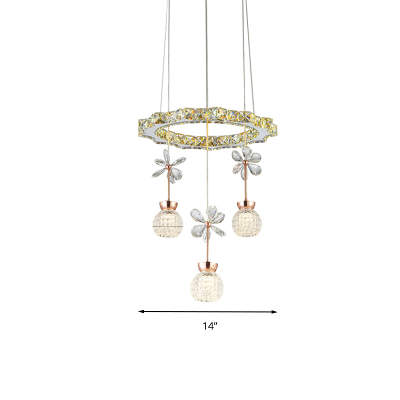 Contemporary Chandelier Pendant Light With Chrome Circle/Gear Design Crystal Dimpled Shade - 1/3/5