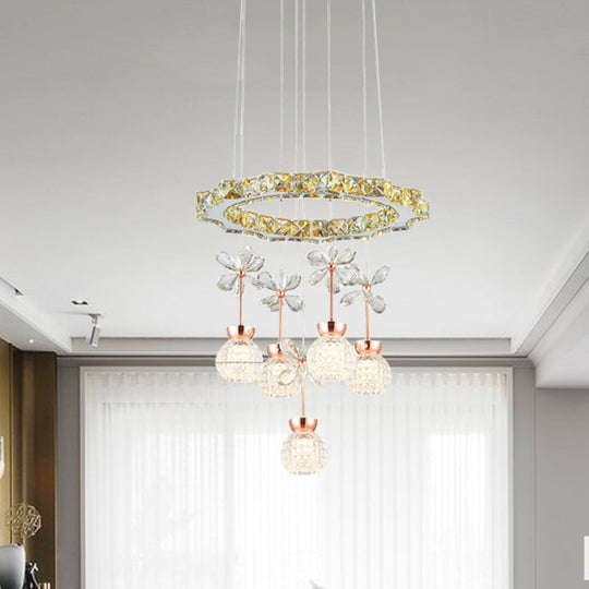 Contemporary Chandelier Pendant Light With Chrome Circle/Gear Design Crystal Dimpled Shade - 1/3/5