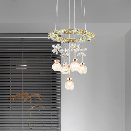 Contemporary Chandelier Pendant Light With Chrome Circle/Gear Design Crystal Dimpled Shade - 1/3/5