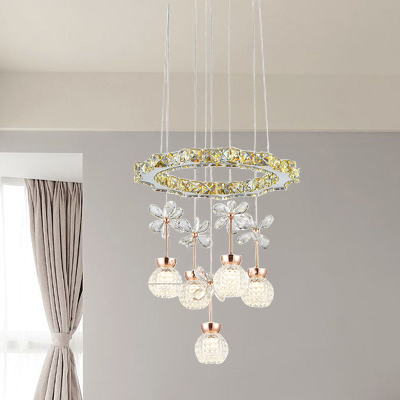 Contemporary Chandelier Pendant Light With Chrome Circle/Gear Design Crystal Dimpled Shade - 1/3/5