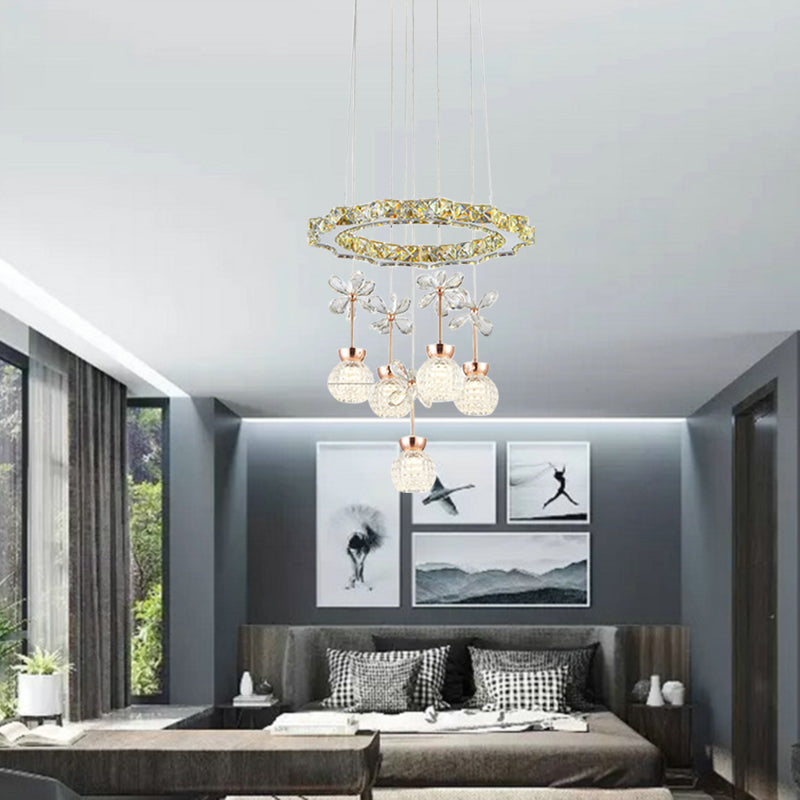 Contemporary Chandelier Pendant Light With Chrome Circle/Gear Design Crystal Dimpled Shade - 1/3/5