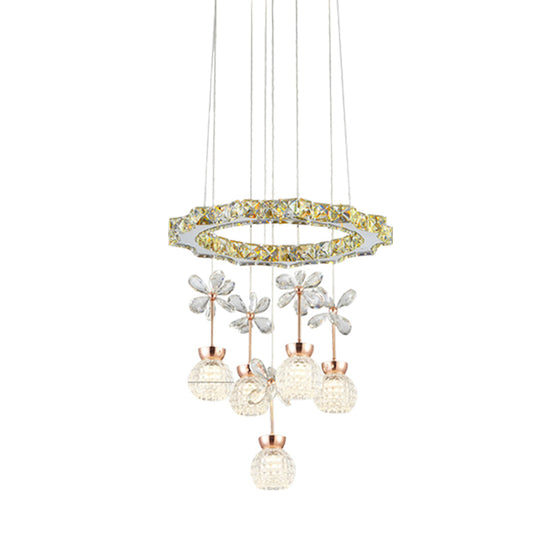 Contemporary Chandelier Pendant Light With Chrome Circle/Gear Design Crystal Dimpled Shade - 1/3/5