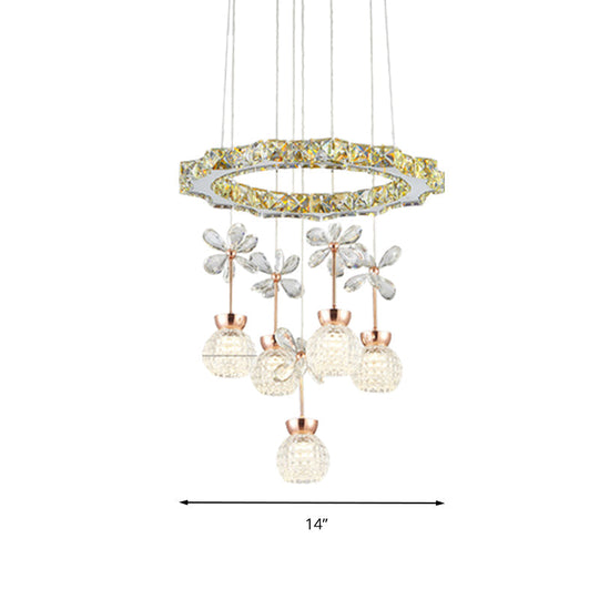 Contemporary Chandelier Pendant Light With Chrome Circle/Gear Design Crystal Dimpled Shade - 1/3/5