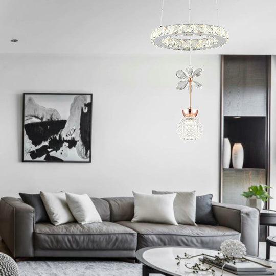 Contemporary Chandelier Pendant Light With Chrome Circle/Gear Design Crystal Dimpled Shade - 1/3/5