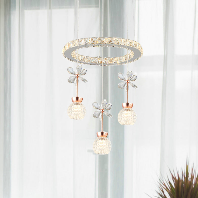 Contemporary Chandelier Pendant Light With Chrome Circle/Gear Design Crystal Dimpled Shade - 1/3/5