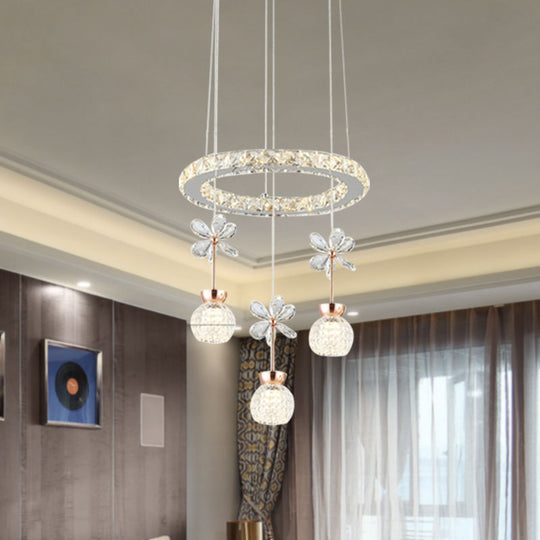 Contemporary Chandelier Pendant Light With Chrome Circle/Gear Design Crystal Dimpled Shade - 1/3/5