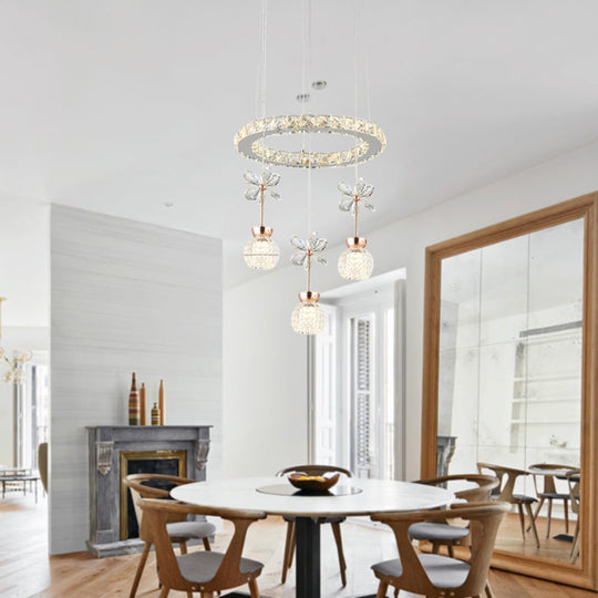 Contemporary Chandelier Pendant Light With Chrome Circle/Gear Design Crystal Dimpled Shade - 1/3/5