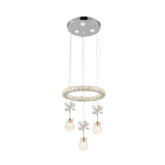 Contemporary Chandelier Pendant Light With Chrome Circle/Gear Design Crystal Dimpled Shade - 1/3/5