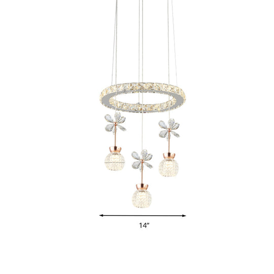 Contemporary Chandelier Pendant Light With Chrome Circle/Gear Design Crystal Dimpled Shade - 1/3/5