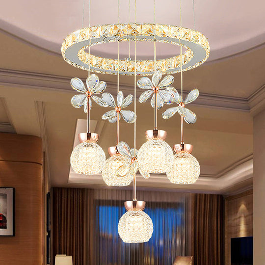 Contemporary Chandelier Pendant Light With Chrome Circle/Gear Design Crystal Dimpled Shade - 1/3/5