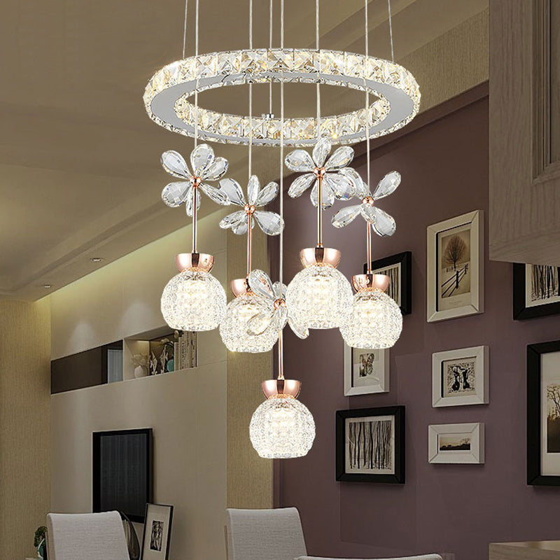 Contemporary Chandelier Pendant Light With Chrome Circle/Gear Design Crystal Dimpled Shade - 1/3/5