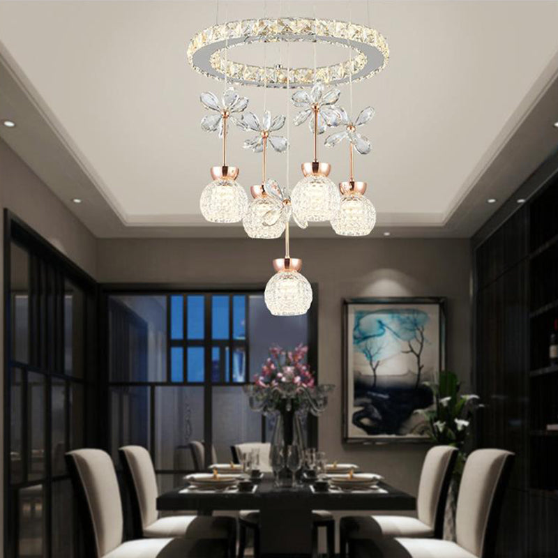 Contemporary Chandelier Pendant Light With Chrome Circle/Gear Design Crystal Dimpled Shade - 1/3/5