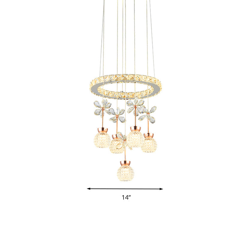 Contemporary Chandelier Pendant Light With Chrome Circle/Gear Design Crystal Dimpled Shade - 1/3/5