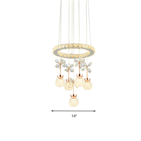 Contemporary Chandelier Pendant Light With Chrome Circle/Gear Design Crystal Dimpled Shade - 1/3/5