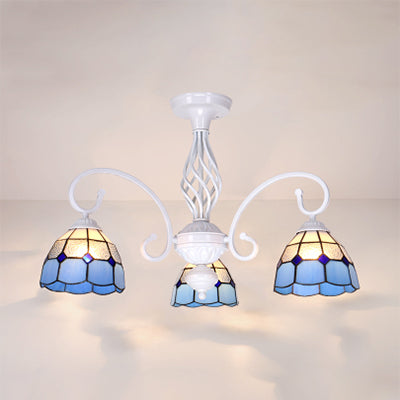 Vintage Rustic Stained Glass Semi Flush Mount Light With Shade - White/Sky Blue/Blue Blue