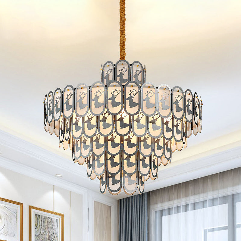 Modern Crystal Tiered Chandelier Pendant Light With Elk Pattern - 12/16 Lights Nickel Finish 12 /