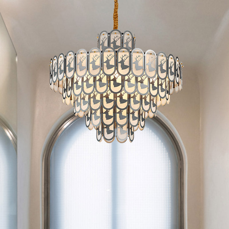 Modern Crystal Tiered Chandelier Pendant Light With Elk Pattern - 12/16 Lights Nickel Finish