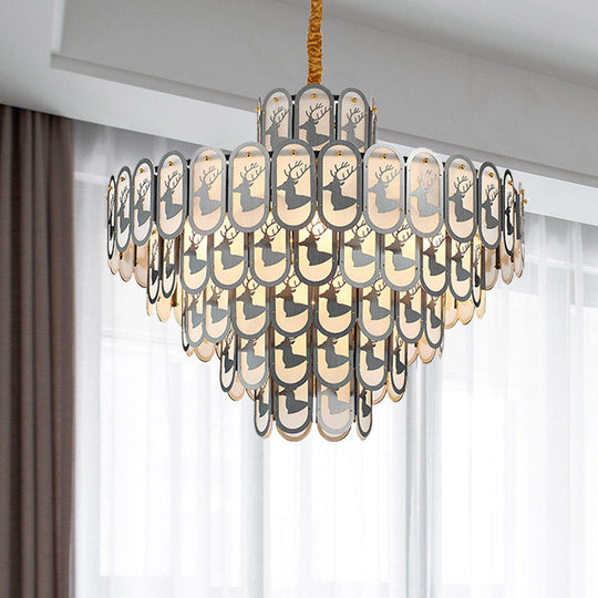 Modern Crystal Tiered Chandelier Pendant Light With Elk Pattern - 12/16 Lights Nickel Finish