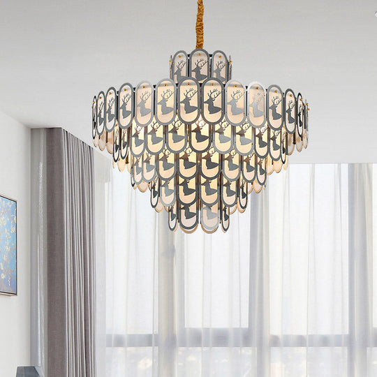 Modern Crystal Tiered Chandelier Pendant Light With Elk Pattern - 12/16 Lights Nickel Finish