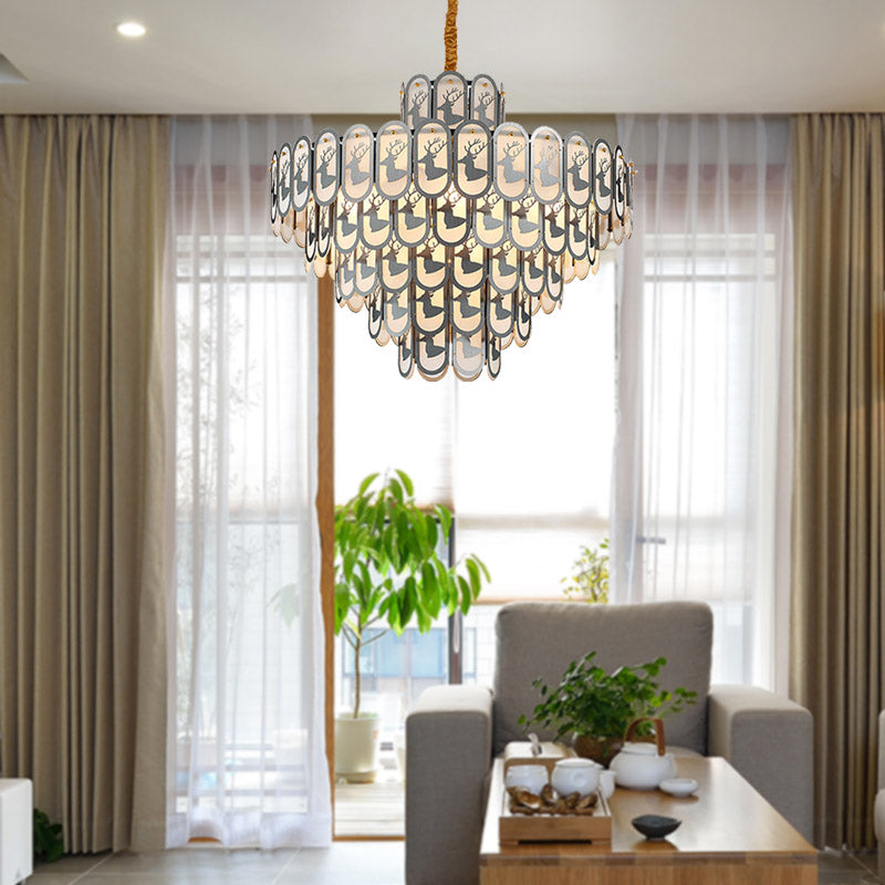 Modern Crystal Tiered Chandelier Pendant Light With Elk Pattern - 12/16 Lights Nickel Finish