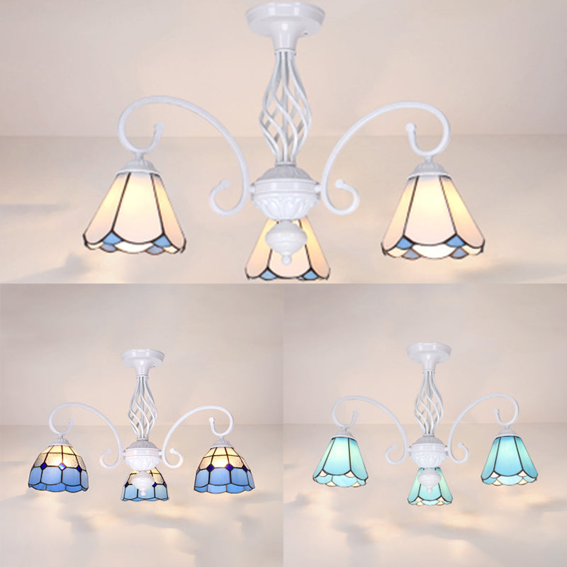 Tiffany Style Semi Flush Mount Light: 3/5-Light White/Blue/Sky Blue Shade for Living Room